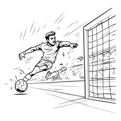 Soccer player kicks the ball into the goal. Black and white vect