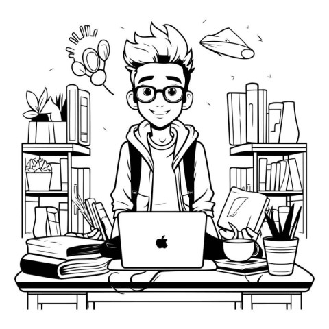 Young man working at home with laptop and books. Vector illustra