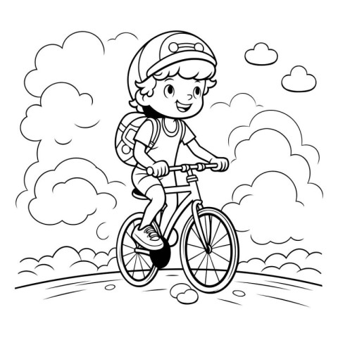 Boy in helmet riding bicycle. Coloring book page for kids.