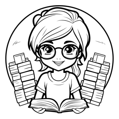 Girl reading a book. Black and white vector illustration for col