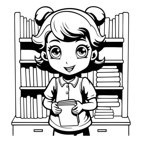 Cute Girl Holding Book in Library - Black and White Cartoon Illu