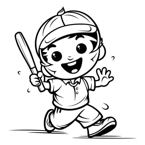 Cute Boy Baseball Player - Black and White Cartoon Illustration.