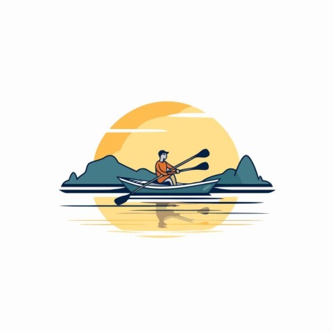 Man rowing on a kayak in the river. Flat vector illustration.