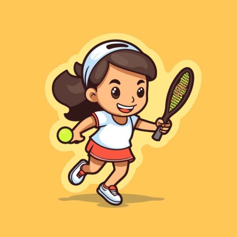 Cute girl playing tennis cartoon character vector illustration.