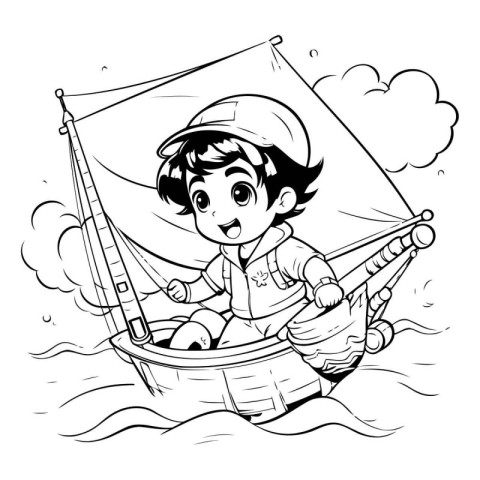 Black and White Cartoon Illustration of Kid Boy Sailing on a Boa