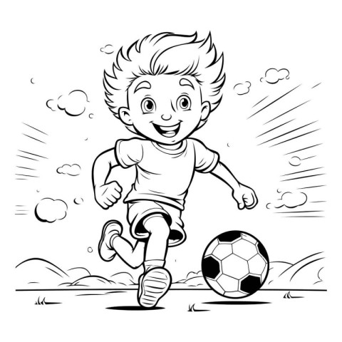 Boy playing soccer on the field. Vector illustration. Coloring b