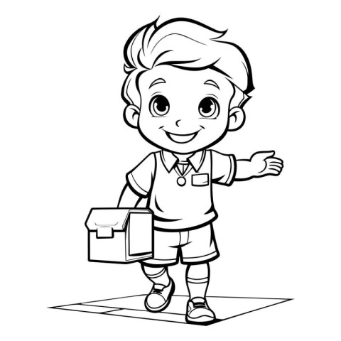 Black and White Cartoon Illustration of Cute Little Boy with Bri