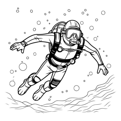 Diver in diving suit. Black and white vector illustration for co