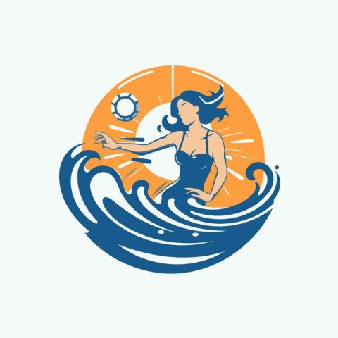 Surfer girl on the wave. Vector illustration in retro style.