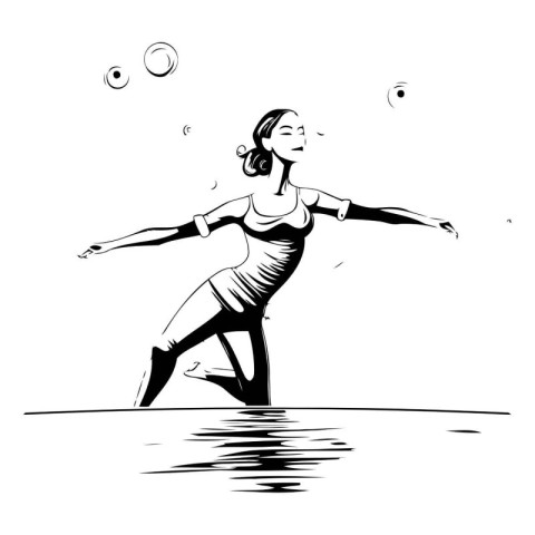 Vector illustration of a woman doing yoga in the water. Hand dra