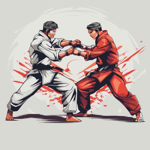 Martial arts training. Two men in sportswear are fighting. Vecto