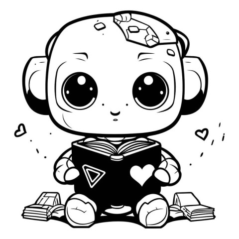 Black and White Cartoon Illustration of Cute Baby Boy Reading a