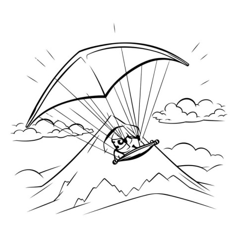 Paraglider flying in the sky. black and white vector illustratio