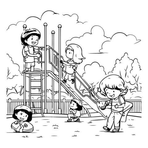 Children playing on playground in park. black and white vector i