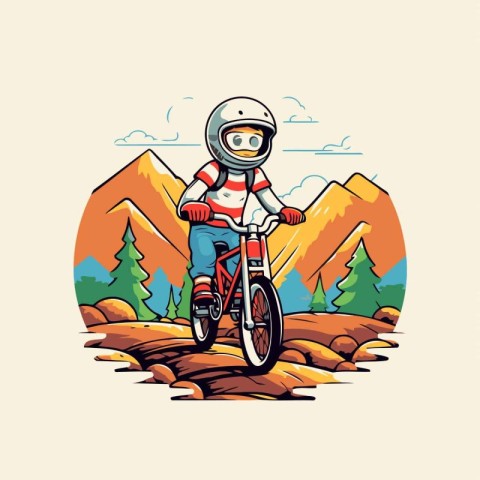 Mountain biker in helmet riding a bike. Vector illustration.