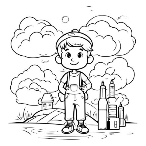 Boy with a bottle of wine. Vector illustration for coloring book