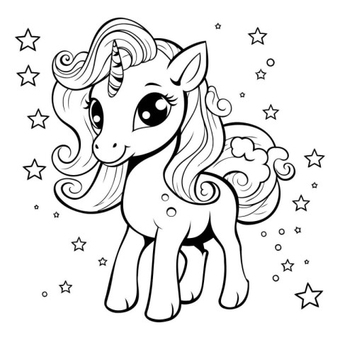 Black and White Cartoon Illustration of Cute Unicorn Fantasy Ani