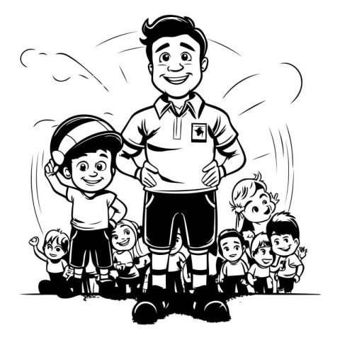 Soccer or Football Player with His Children - Black and White Ca