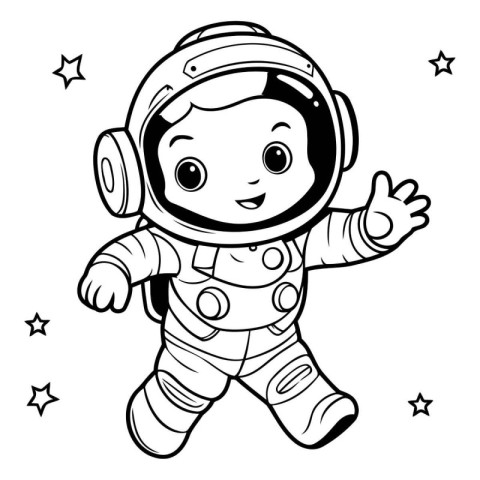 Black and White Cartoon Illustration of Cute Little Astronaut Bo