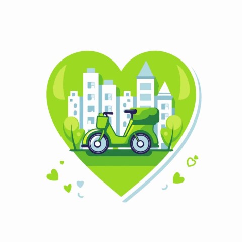 Green scooter in heart shape with cityscape background. Vector i