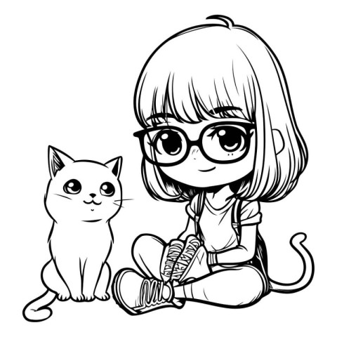 Cute little girl with cat. Vector illustration. Black and white.