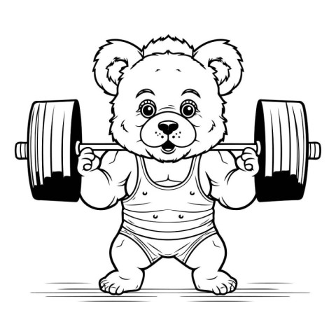 Black and White Cartoon Illustration of Bear with Dumbbells for