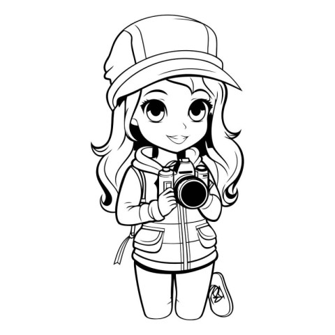 Cute girl with a camera. Vector illustration for coloring book.