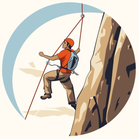 Illustration of a male climber climbing a cliff set inside circl