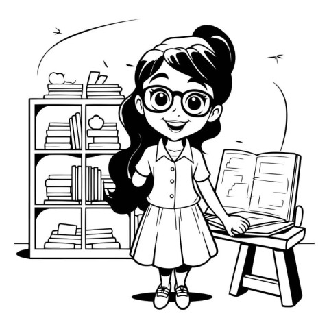 Black and white illustration of a girl with glasses reading a bo