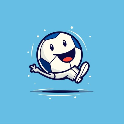 Soccer ball cartoon character isolated on blue background. Vecto