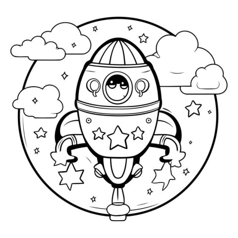 Coloring book for children: Alien in the sky with clouds.