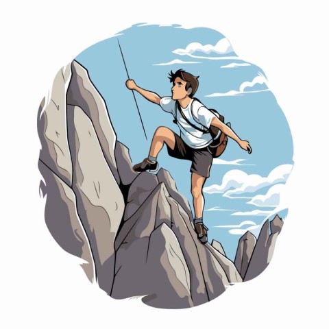 Man climbing on a cliff. Vector illustration in cartoon comic st