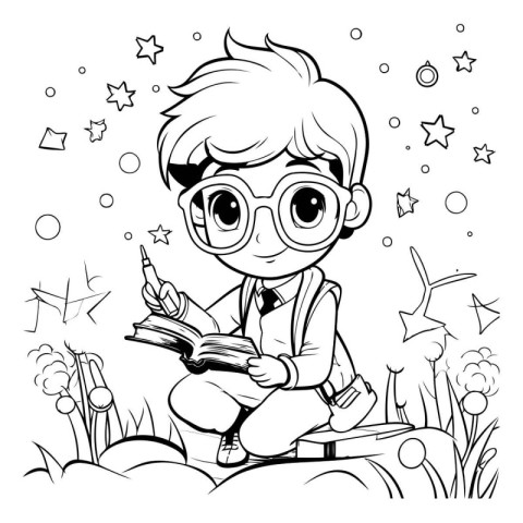 Cute boy reading a book. Black and white vector illustration for