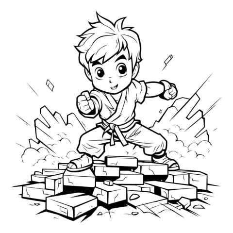 Black and White Cartoon Illustration of Kid Boy Climbing a Wall