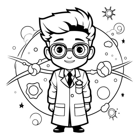 Black and White Cartoon Illustration of Kid Boy Astronaut or Pro