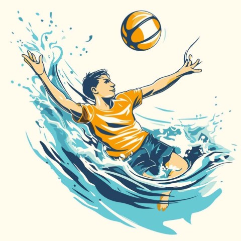 Volleyball player with ball in the water. Vector illustration.