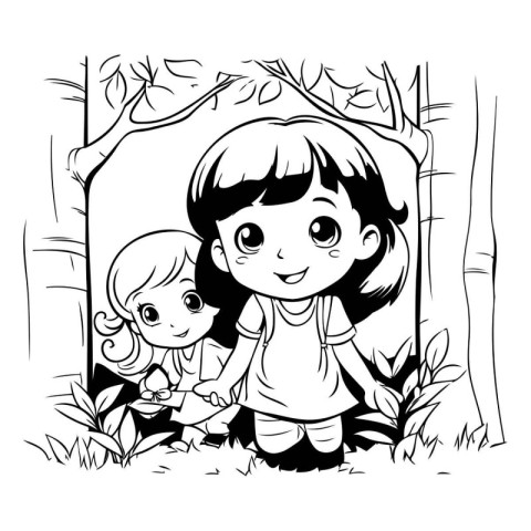 Boy and girl playing in the park. black and white vector illustr