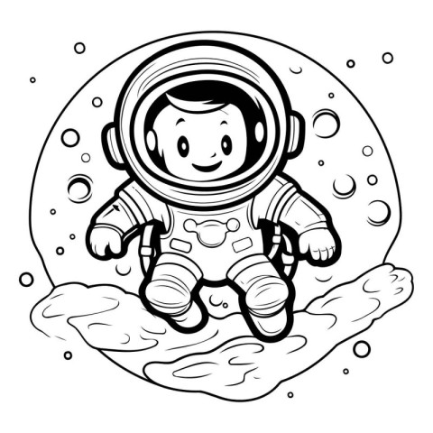 Astronaut sitting on the moon. black and white vector illustrati