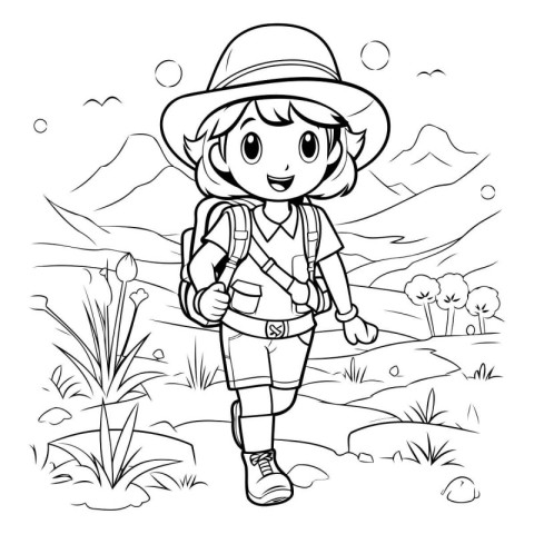 Coloring Page Outline Of a Cute Girl Hiking in the Mountains