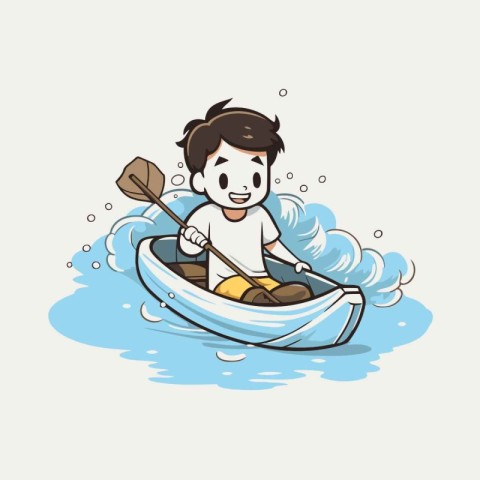 Boy rowing a boat in the sea. cartoon vector illustration.