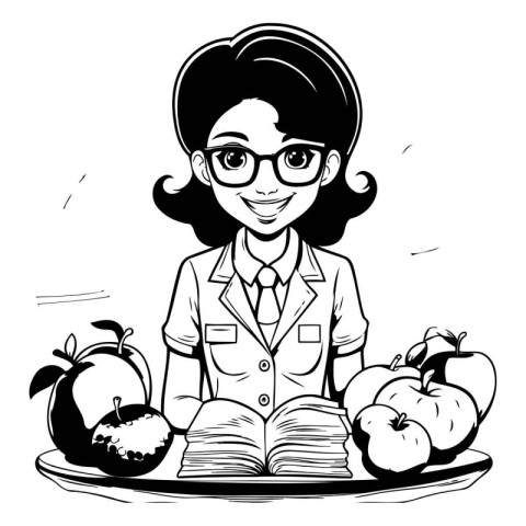 Black and White Cartoon Illustration of Female Teacher Reading a