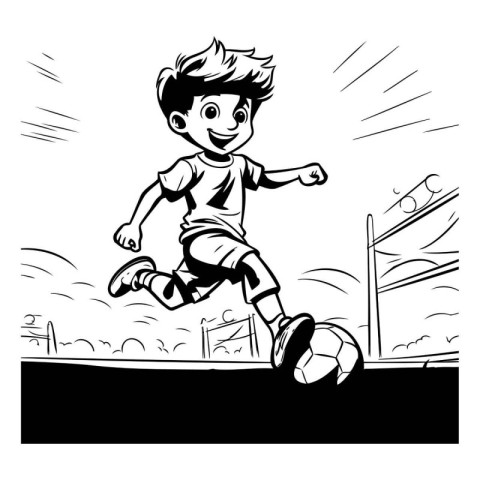 Boy playing soccer. Black and white vector illustration of a boy