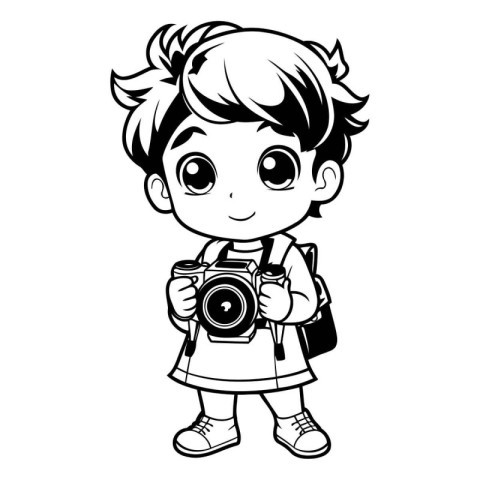 Cute Little Girl Holding Photo Camera - Black and White Cartoon