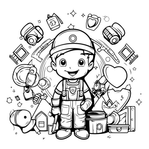 Coloring Page Outline Of a Cute Little Boy Wearing a Fireman Cos