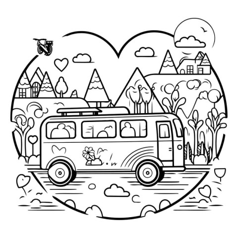 Summer travel by camper van. Vector illustration in doodle style