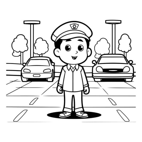 Policeman with car on the street cartoon vector illustration gra