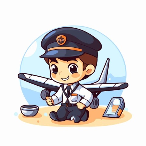 Cute boy pilot with airplane and mobile phone. Vector illustrati