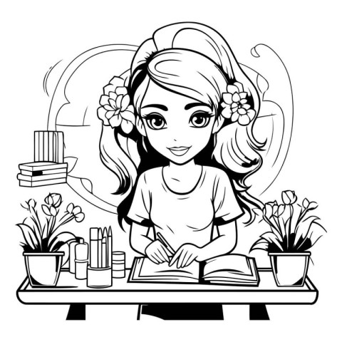 Girl sitting at the table and doing homework. black and white ve