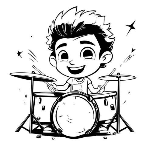 Cute Boy Playing Drums - Black and White Cartoon Illustration