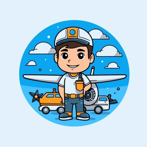 Airport worker with airplane and other equipment. Cartoon vector